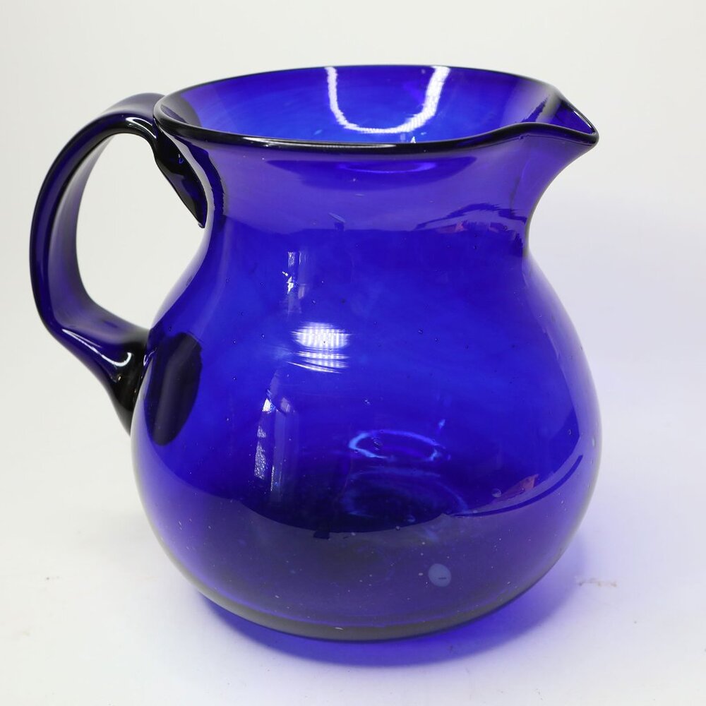 Vtg Cobalt Blue Hand Blown Glass Jug Pitcher Vase Bubbles Decor Classic